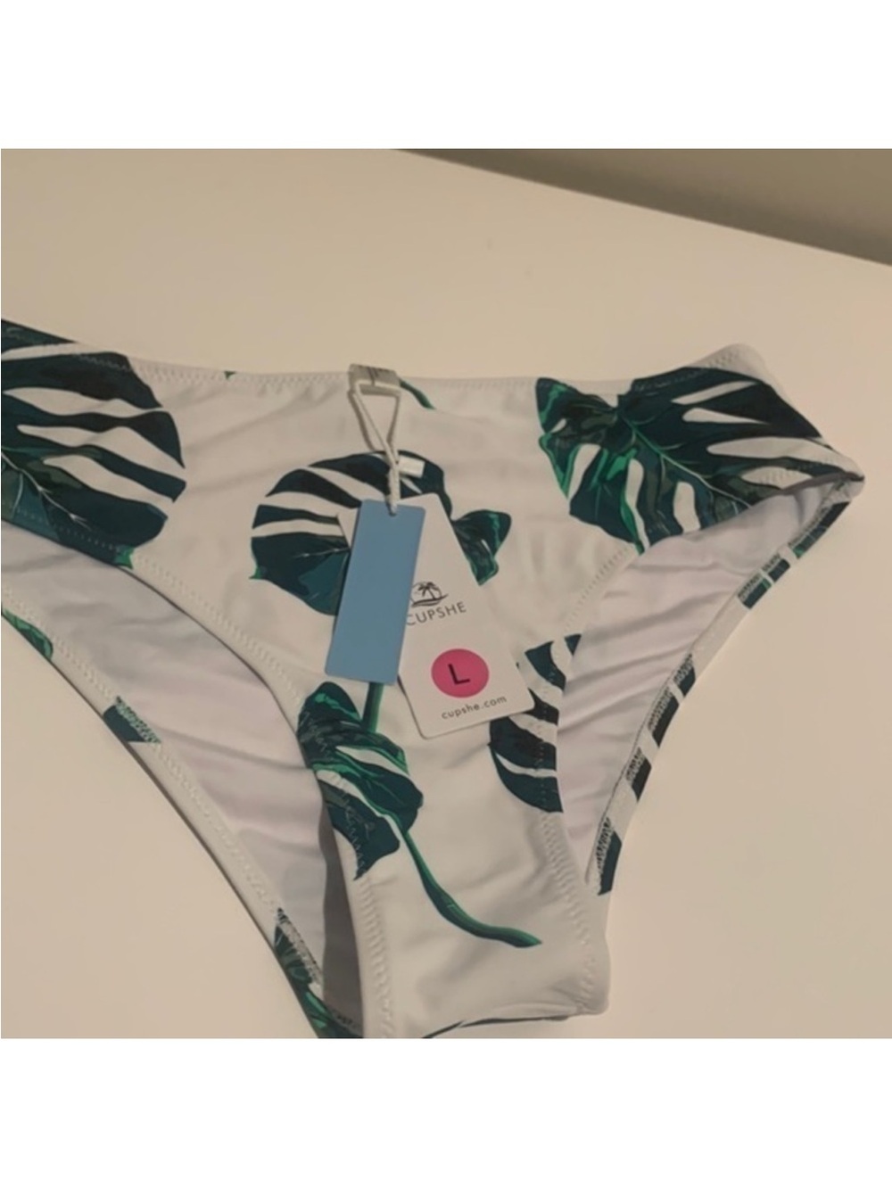 Cupshe White Bikini Bottom with Green Tropical Leaf Print